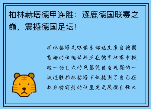 柏林赫塔德甲连胜：逐鹿德国联赛之巅，震撼德国足坛！